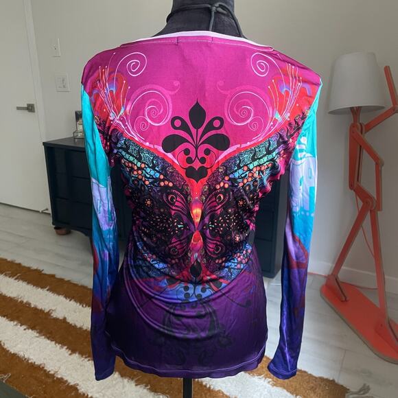 Custo Barcelona Long Sleeve Shirt Women's Size 8 Abstract Heart Artsy Butterfly - Picture 6 of 11